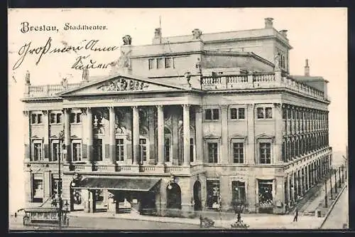 AK Breslau, Stadttheater mit Strassenbahn