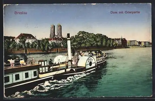 AK Breslau, Dom mit Dampfer Oder