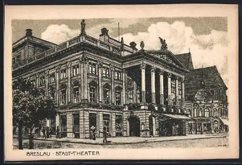 Künstler-AK Breslau, Strassenpartie am Stadttheater