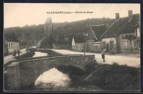 AK Villenauxe, Entrée de Dival avec pont en pierre et maisons rurales