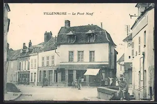 AK Villenauxe, Le Pont Neuf avec passants et bâtiments environnants