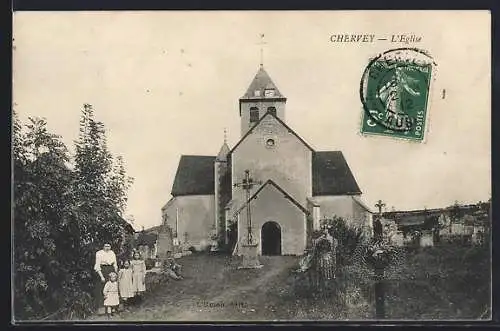 AK Cherey, L`Église et groupe de villageois devant l`édifice