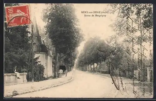 AK Méry-sur-Seine, Route de Mesgrigny avec arbres et calèche
