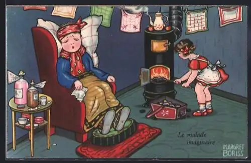 Künstler-AK Margret Boriss: Der eingebildete Kranke, Tochter heizt den Ofen an