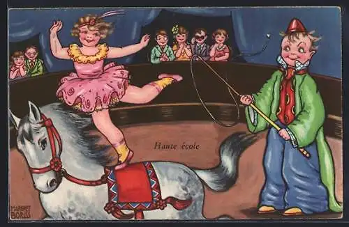 Künstler-AK Margret Boriss: Mädchen steht im Zirkus auf Pferderücken, Manege mit Clown