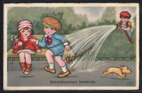 Künstler-AK Margret Boriss: Gärtner begiesst Pärchen mit dem Gartenschlauch