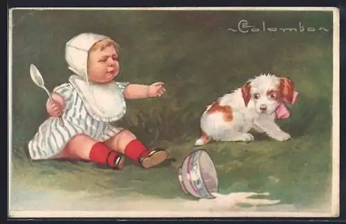 Künstler-AK E.Colombo: ein kleiner Hund und ein Kleinkind, das seine Schüssel verloren hat