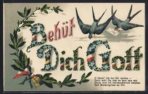 AK Schwalben mit Brief, Deutschland / Österreich - Behüt Dich Gott, mit Blumen verziert