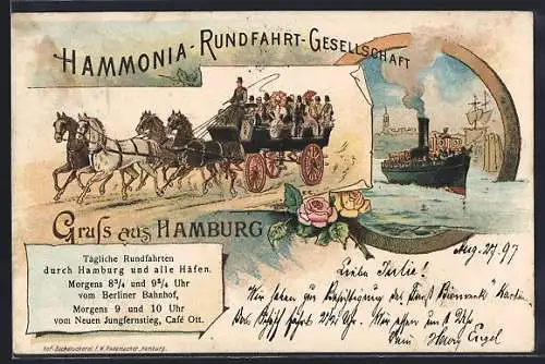 Lithographie Hamburg-Neustadt, Hammonia-Rundfahrt-Gesellschaft, Kutsche, Dampfer in Fahrt