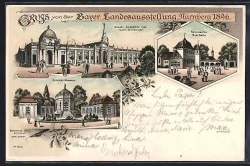 Lithographie Nürnberg, Bayer. Landesausstellung 1896, Gasthaus Kulmbacher Bierhalle, Armee-Museum, Staatl. Anstalten