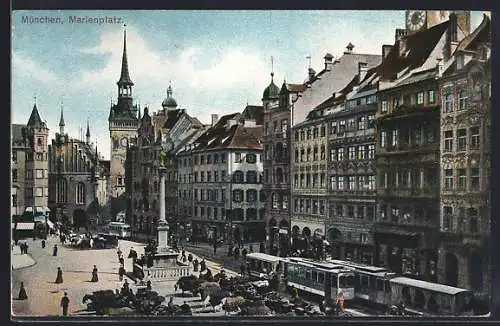 AK München, Strassenbahnen in Fahrt auf dem Marienplatz, Pferdekutschen