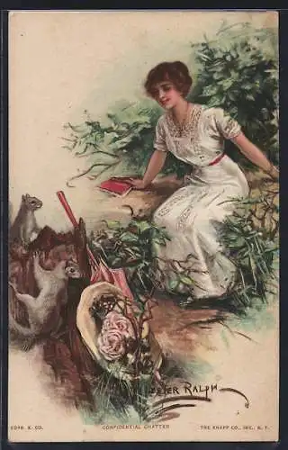 Künstler-AK Lester Ralph: Junges Mädchen betrachtet die Eichhörnchen im Wald