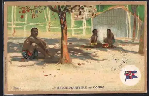 Künstler-AK Belge Maritime du Congo mit Flagge - Afrikaner unter Bäumen, Tourismus