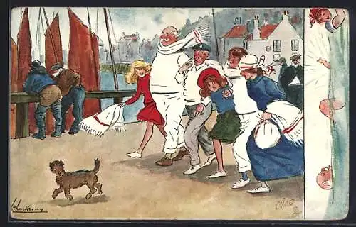 Künstler-AK L. Thackeray: Familie mit Hund geht auf der Strasse entlang