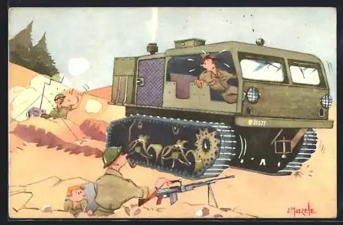 Künstler-AK J. Maezelle, belgischer Panzer auf dem Feld, Soldat mit Gewehr