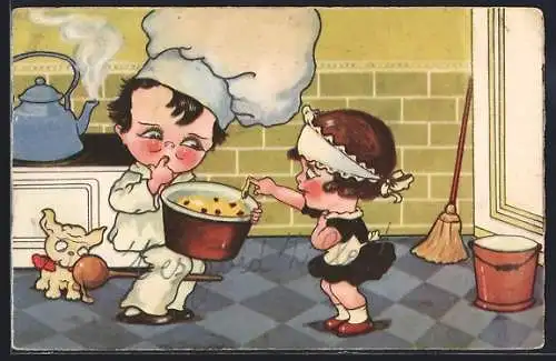 Künstler-AK Kleiner Bäcker und Dienstmädchen naschen vom Teig
