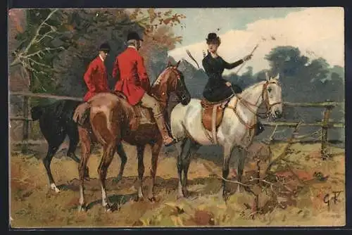 Künstler-Lithographie Jäger auf ihren Pferden bei einer Fuchsjagd