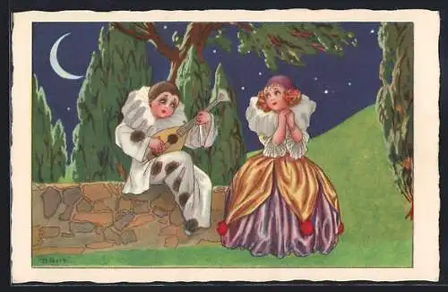 AK Harlekin mit Lautengitarre und Mädchen