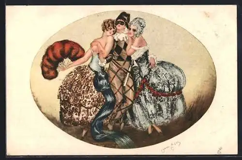 Künstler-AK sign. J. Gilles: Pierrot und laszive Damen, Maskenball, Erotik, Art Deco