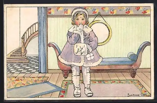 Künstler-AK sign.: Suzanne Cocq: Mädchen in Winterkleidung im Flur