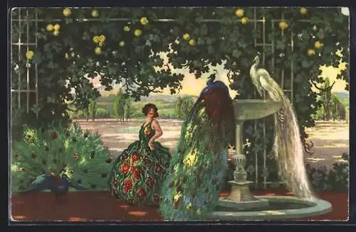 AK Fräulein vor Brunnen mit Pfauen, Art Deco