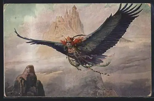 Künstler-AK S. Solomko: Adler mit Frauenkopf in luftiger Höhe über einem Gebirge, Die Phantasie