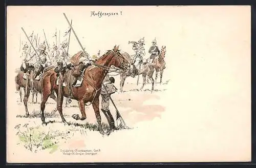 Künstler-AK Carl Becker: Soldat in Uniform steigt aufs Pferd