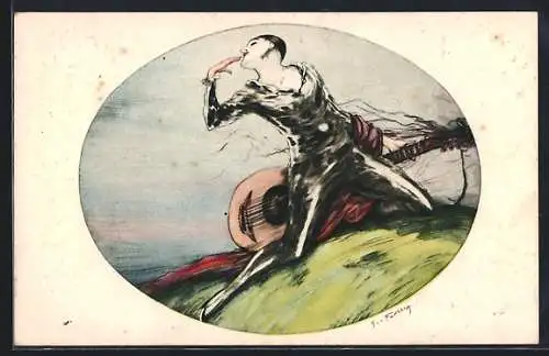Künstler-AK Art Deco, Pierrot mit Gitarre