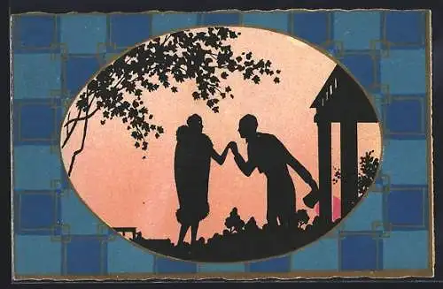 Künstler-AK Mann nimmt die Hand einer Frau, Art Deco