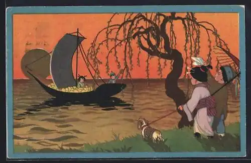 AK Asiatisches Pärchen winkt Boot bei Sonnenuntergang