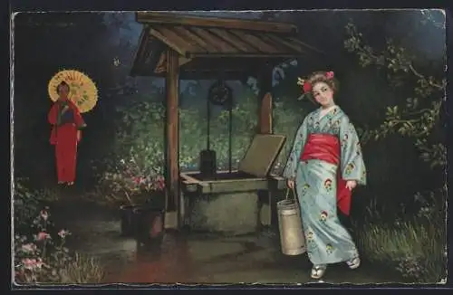 Künstler-AK E. Colombo: Wasserholerin an Brunnen, Japan, Geisha