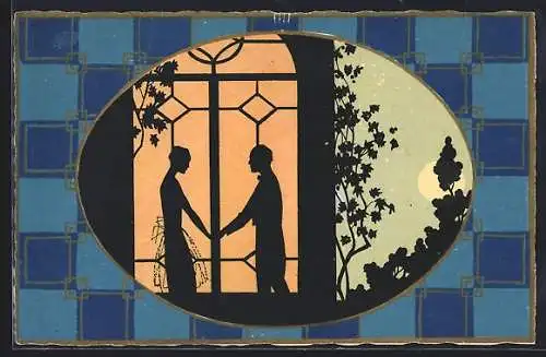 AK Paar hinter einem Fenster hält sich an den Händen, Art Deco