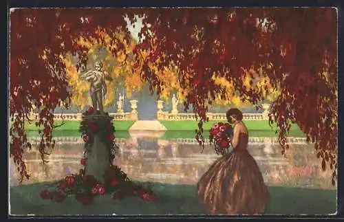 AK Elegante Dame mit Blumen vor Engelsstatue