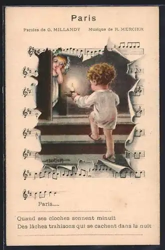 Künstler-AK A. Bertiglia: Kind im Nachthemd mit Kerze, Liedtext von G. Millandy