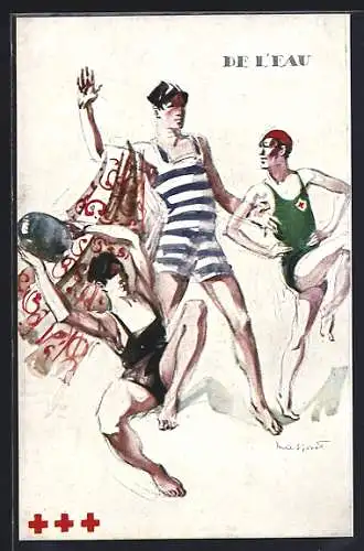 Künstler-AK Männer in Badeanzügen beim Ballspiel, Rotes Kreuz
