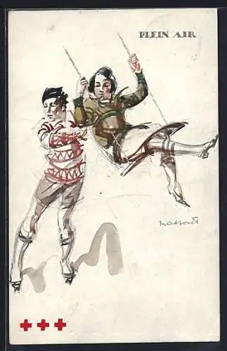 Künstler-AK Junge schubst Mädchen auf einer Schaukel an, Rotes Kreuz