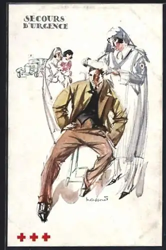 Künstler-AK Rotkreuzschwester verbindet einen Mann