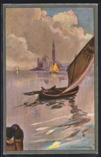 Künstler-AK Tito Corbella: Segelboot vor Küste