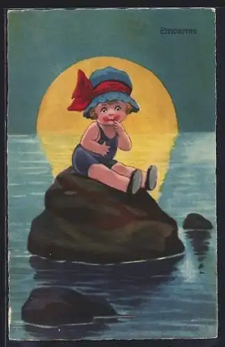 Künstler-AK Mädchen sitzt auf einem Stein im Wasser, Embarras