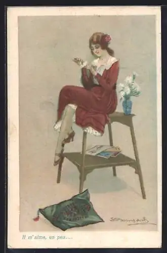 Künstler-AK Sergio Bompard: Frau sitzt auf einem Hocker und zupft an einer Blume