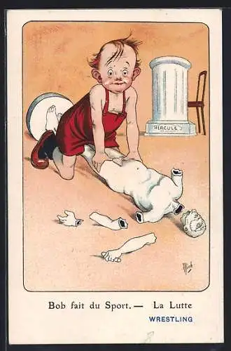 Künstler-AK Jean-Marie Michel Liebeaux: Junge ringt mit Marmorstatue von Herkules