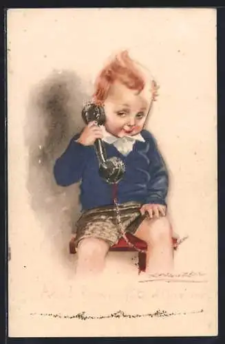 Künstler-AK Mauzan: Kind mit einem Telefonhörer, Telefon