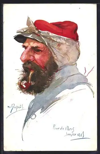 Künstler-AK Em. Dupuis: Four de Paris, Janvier 1915, Französischer Soldat eine Pfeife rauchend