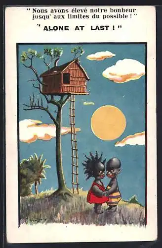 Künstler-AK Frederic G. Lewin: Verliebtes dunkelhäutiges Kinderpaar steht vor einem Baumhaus, Glückwunsch zum Geburtstag