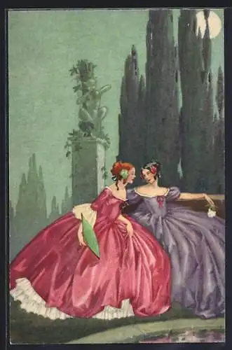 AK Zwei junge Damen vor Statue, Art Deco