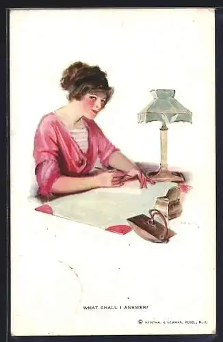 Künstler-AK F.Earl Christy: What Shall I Answer? Frau beim Briefschreiben