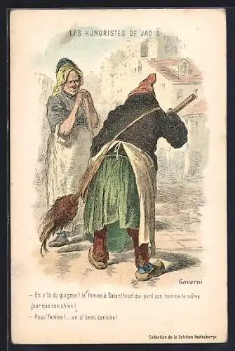Künstler-AK sign. H. Daumier: Les Humoristes de Jadis, En v`la du guignon! la femme a Salnathoud qui perd son homme...
