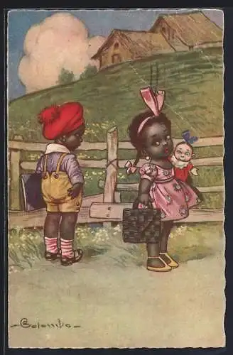 Künstler-AK E. Colombo: afrikanisches Kinderpaar an einem Gartenzaun