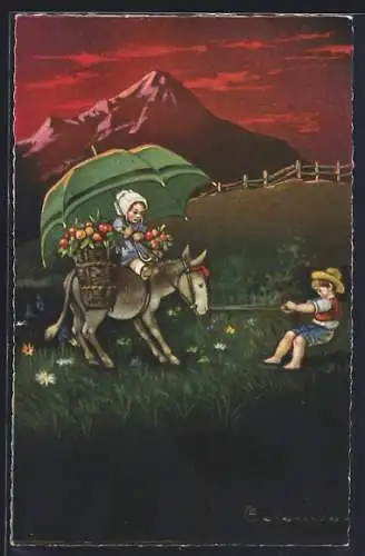 Künstler-AK E. Colombo: Junge versucht einen Esel zu bewegen