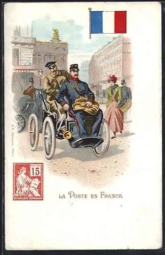 Lithographie Französischer Postebote im Auto, franz. Briefmarke